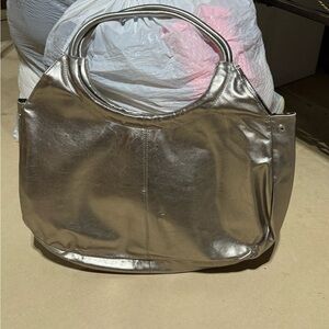Metallic Silver Circle-Handle Tote Bag
